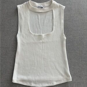 Zara Cream Ribbed Mandarin Collar Tank Top